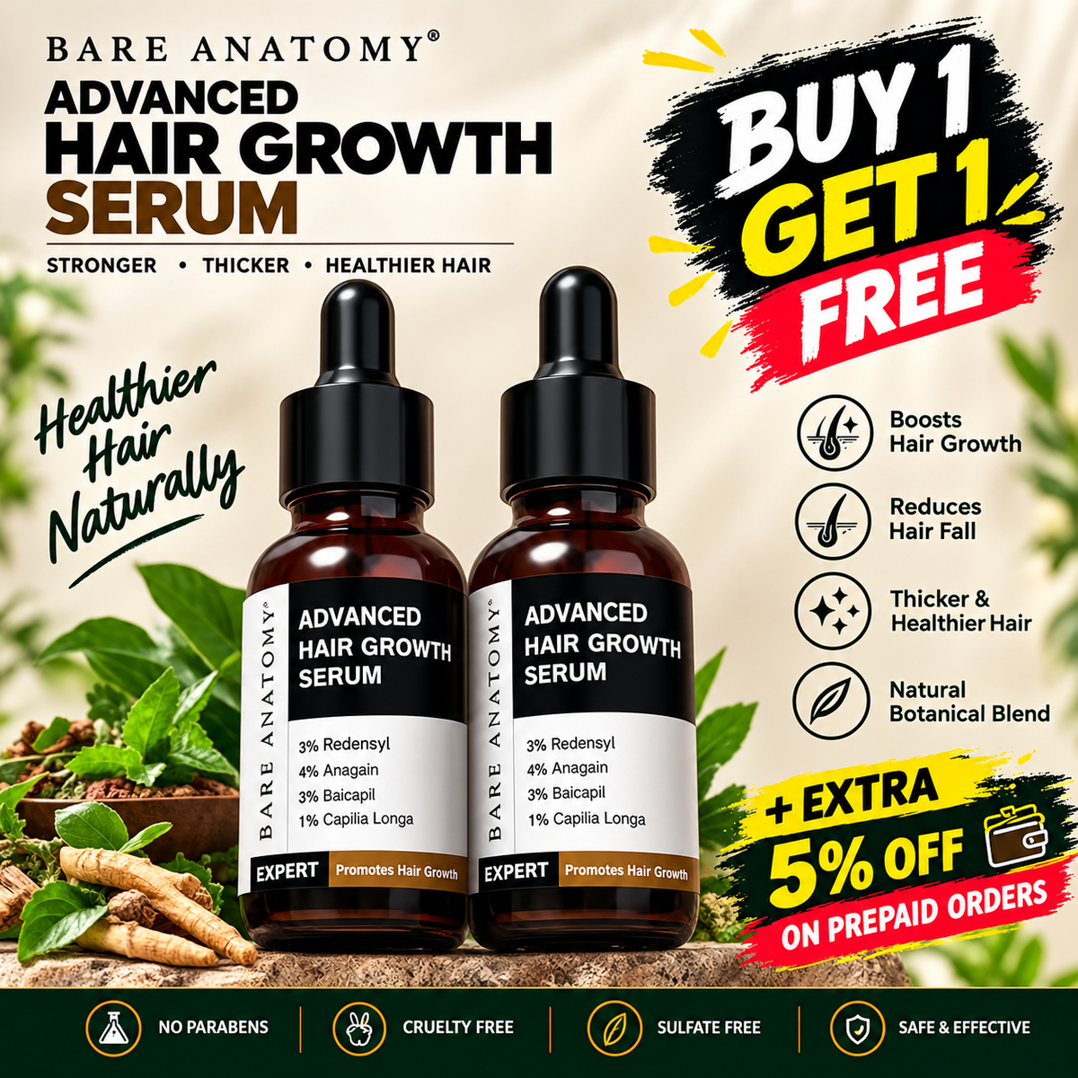 Advanced Hair Growth Serum With 3% Redensyl, 4% Anagain, & 1% Capilia Longa - 30 ml